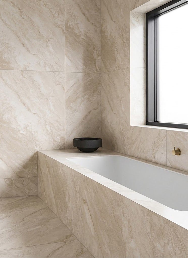 Minimal stone bathing room with a bright garden window