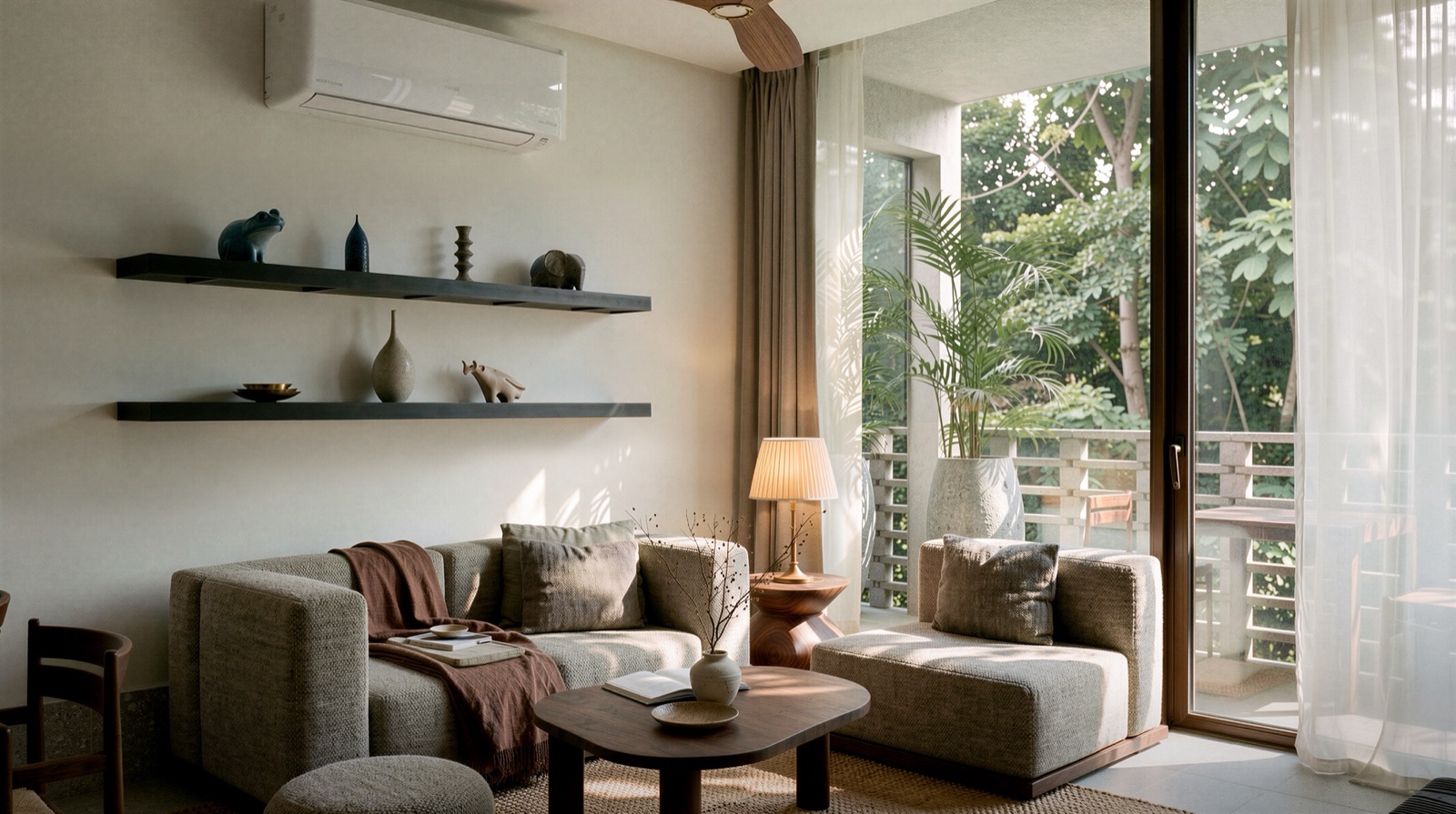 Quiet living room beside a planted balcony