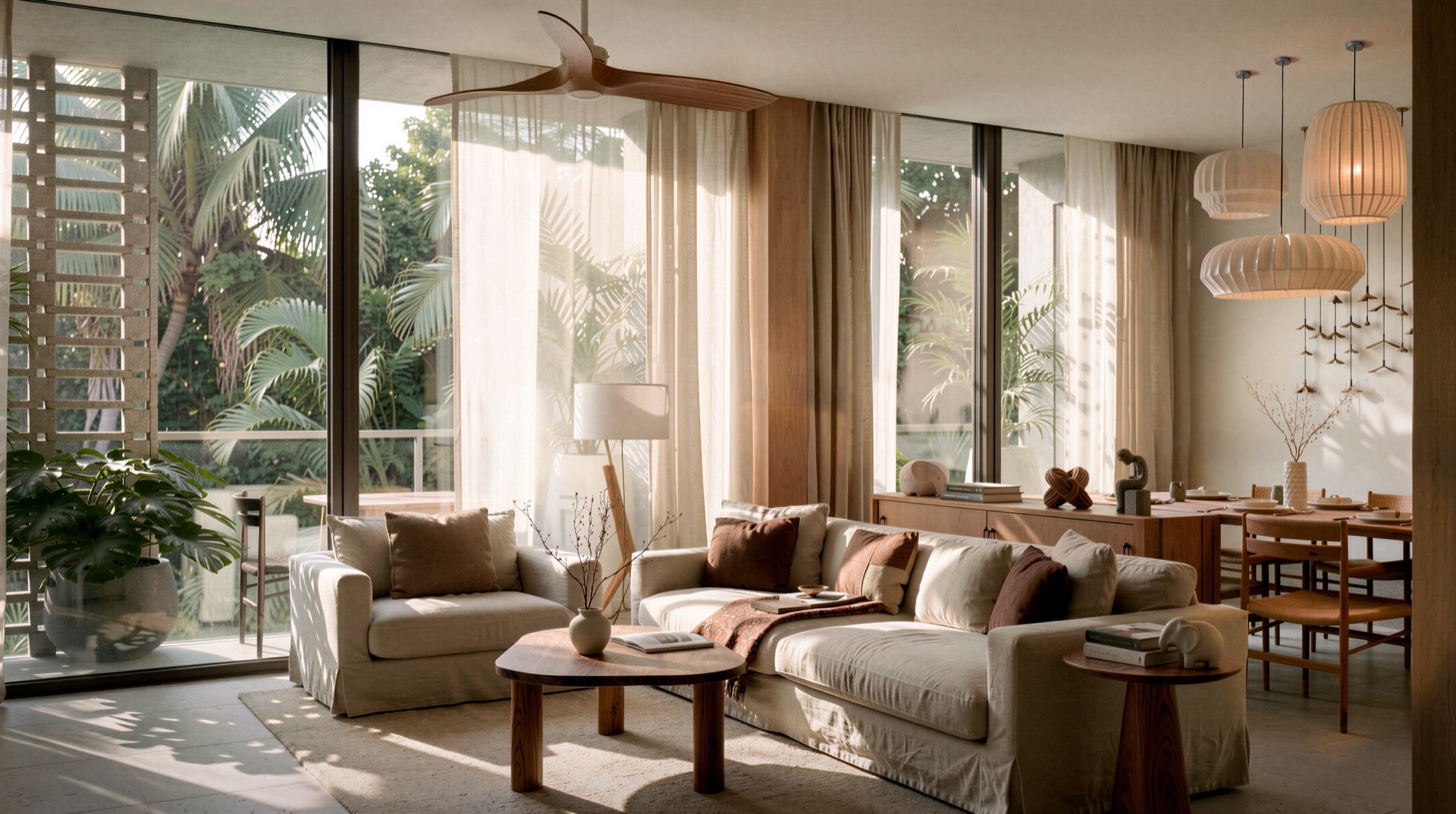 Sunlit living and dining room opening onto tropical greenery